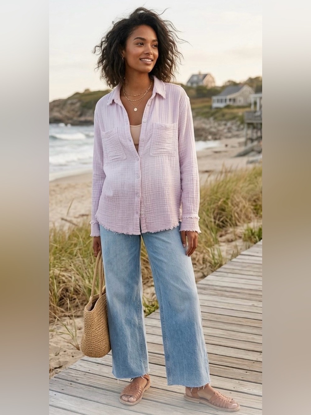 Urban Outfitters Luca Frayed Hem Cotton Gauzy
Light Pink Button Down Shirt, Sz S